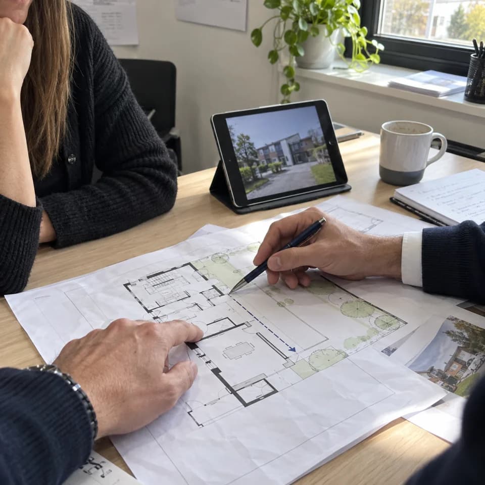 AI illustration of Donna reviewing a commercial floor plan with a colleague
