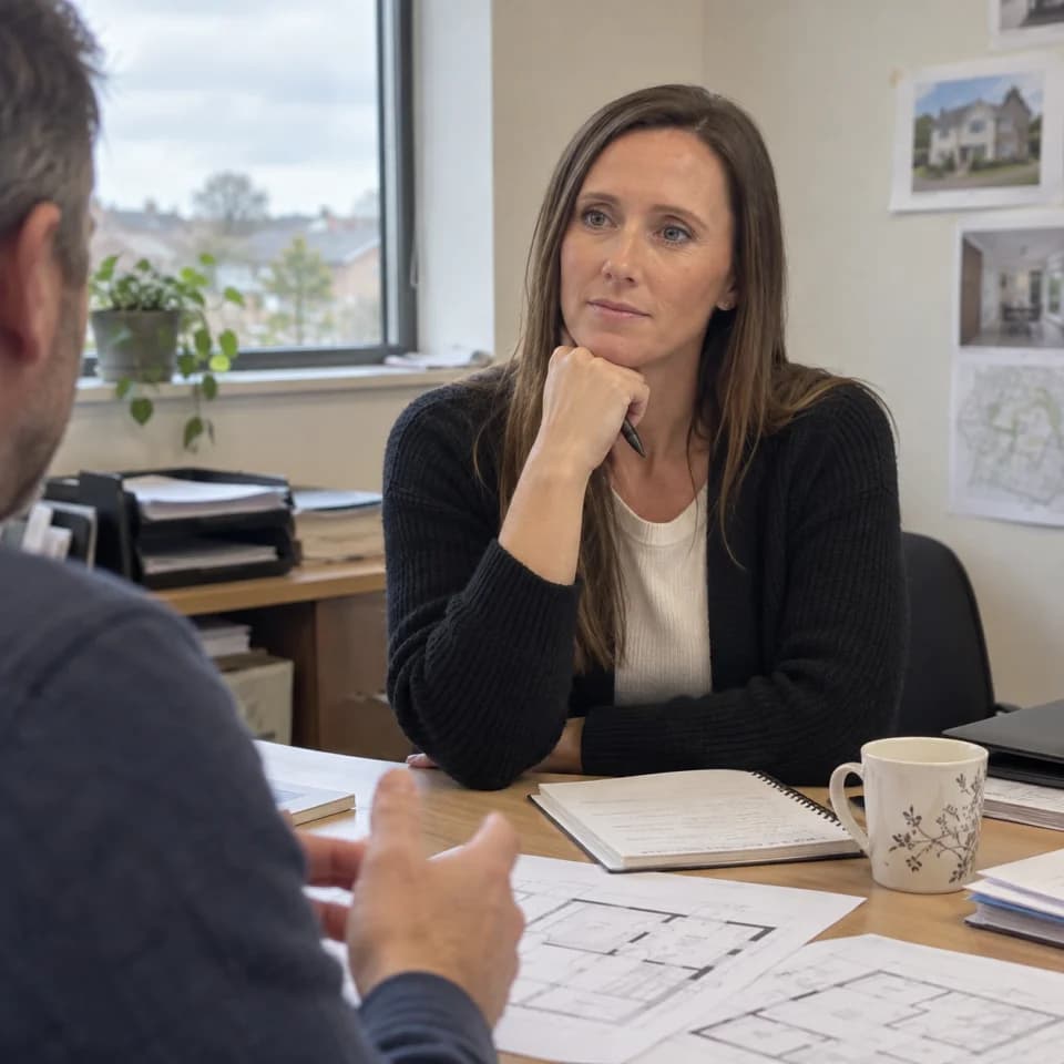 AI illustration of Donna discussing a property brief with a client